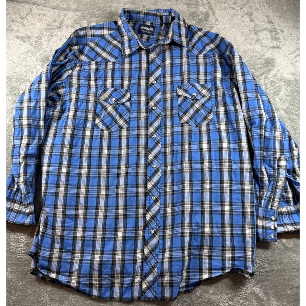 Wrangler Western Shirt Blue Plaid Snap Front Long Sleeve Tall 19x36 Cowboy Rodeo
